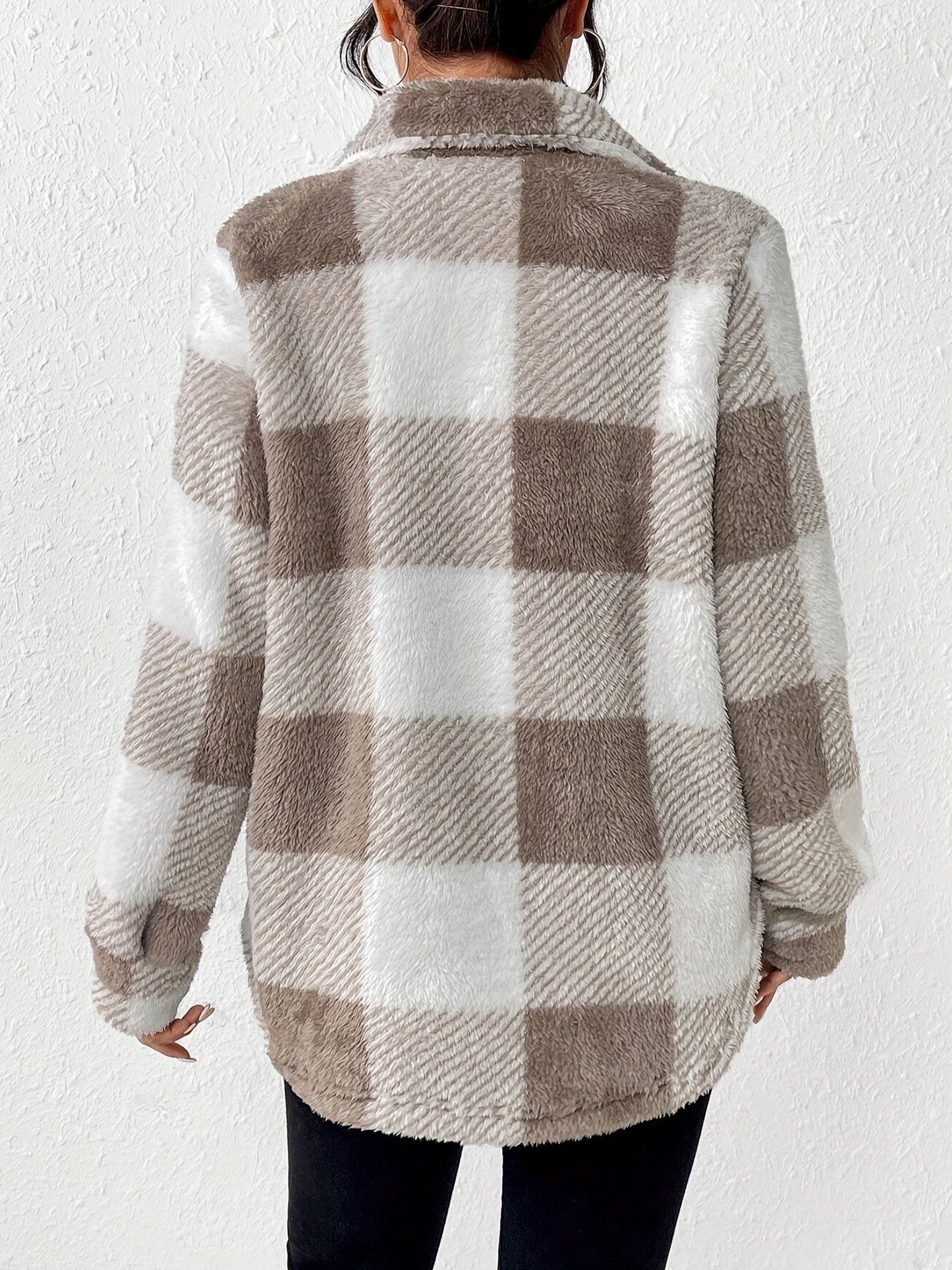 Women’s Elegant Rhombus Hooded Teddy Jacket – All-Season Plush Coat with Button Front & Side Pockets
