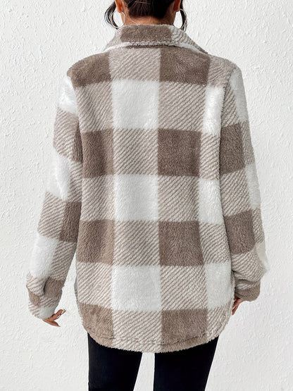 Women’s Elegant Rhombus Hooded Teddy Jacket – All-Season Plush Coat with Button Front & Side Pockets