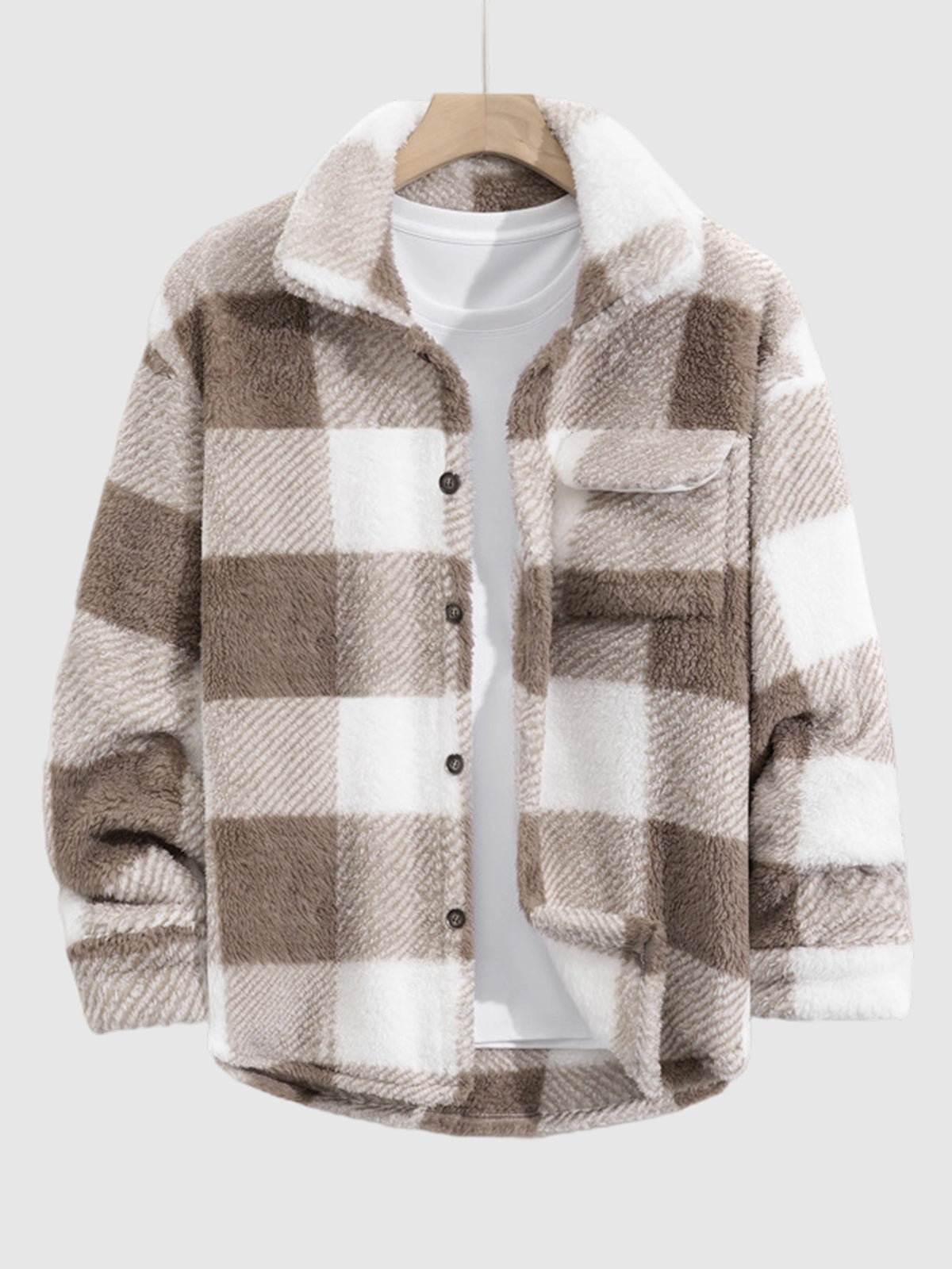 Men's Classic Plaid  Fluffy Faux Fur Single Pocket Button Lapel Jacket