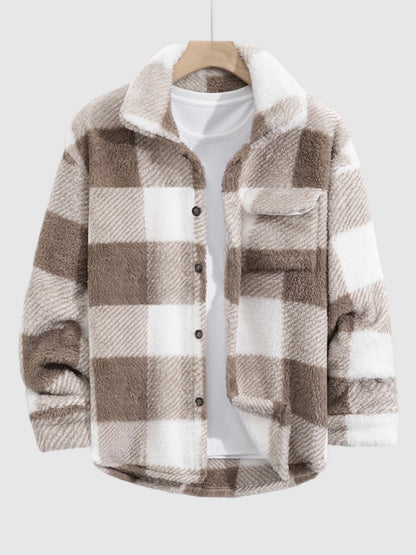 Men's Classic Plaid  Fluffy Faux Fur Single Pocket Button Lapel Jacket