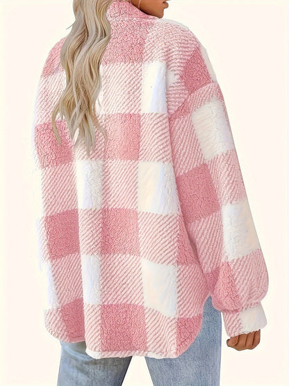Women’s Elegant Rhombus Hooded Teddy Jacket – All-Season Plush Coat with Button Front & Side Pockets