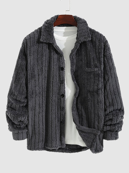 Men's Classic Plaid  Fluffy Faux Fur Single Pocket Button Lapel Jacket