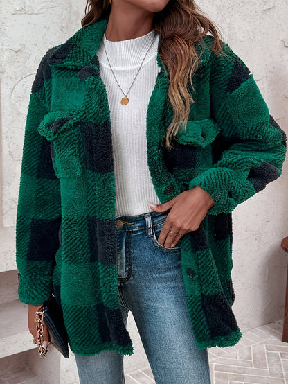 Women’s Elegant Rhombus Hooded Teddy Jacket – All-Season Plush Coat with Button Front & Side Pockets
