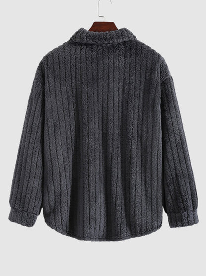 Men's Classic Plaid  Fluffy Faux Fur Single Pocket Button Lapel Jacket