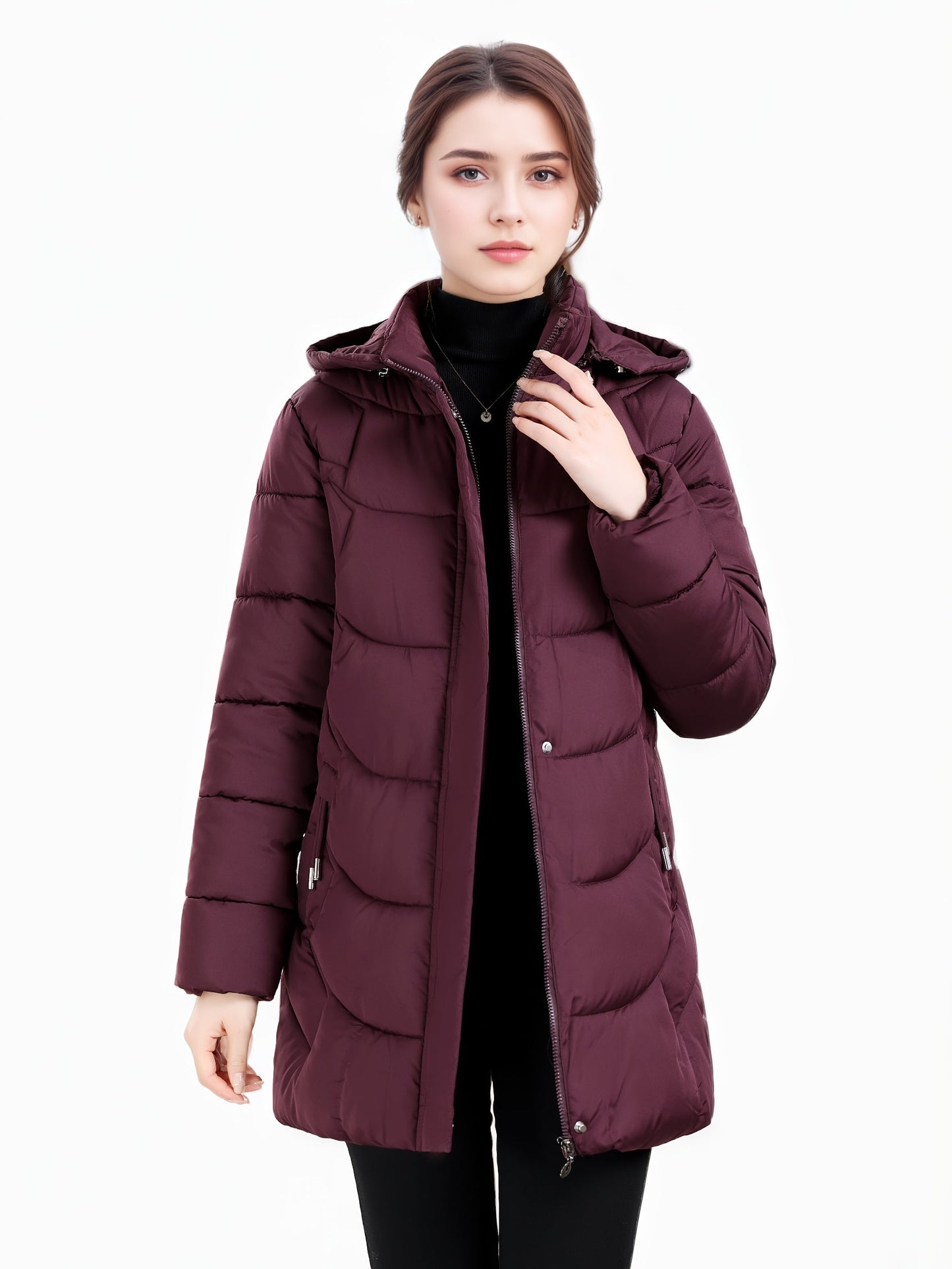 Women’s Long Hooded Winter Jacket – Lightweight, Warm, Gold Zipper, Travel-Friendly