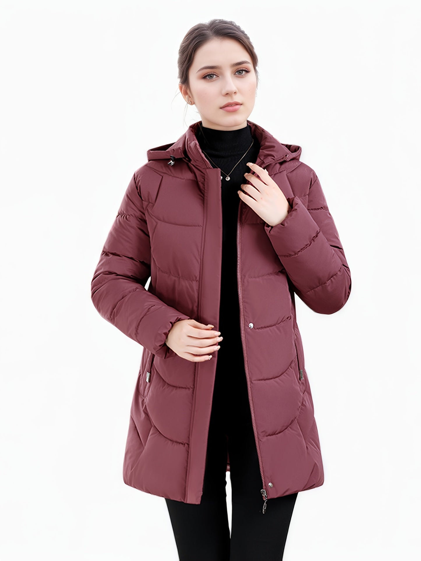 Women’s Long Hooded Winter Jacket – Lightweight, Warm, Gold Zipper, Travel-Friendly