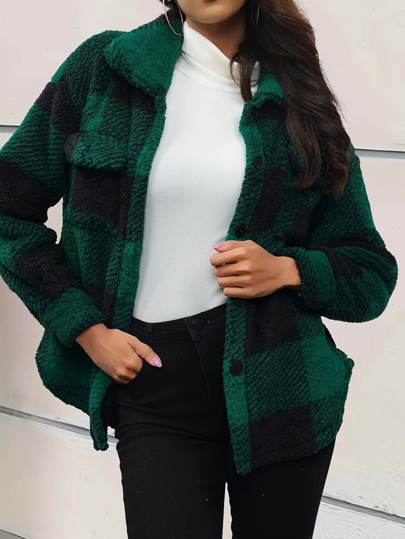 Women’s Elegant Rhombus Hooded Teddy Jacket – All-Season Plush Coat with Button Front & Side Pockets