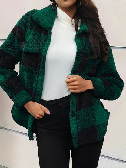 Women’s Elegant Rhombus Hooded Teddy Jacket – All-Season Plush Coat with Button Front & Side Pockets