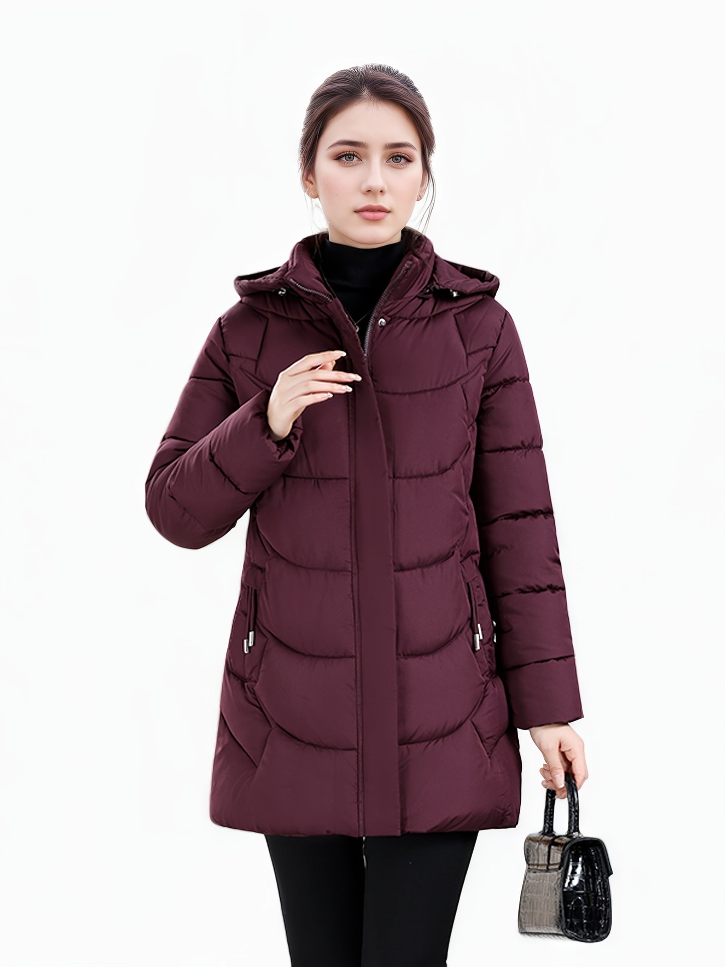 Women’s Long Hooded Winter Jacket – Lightweight, Warm, Gold Zipper, Travel-Friendly