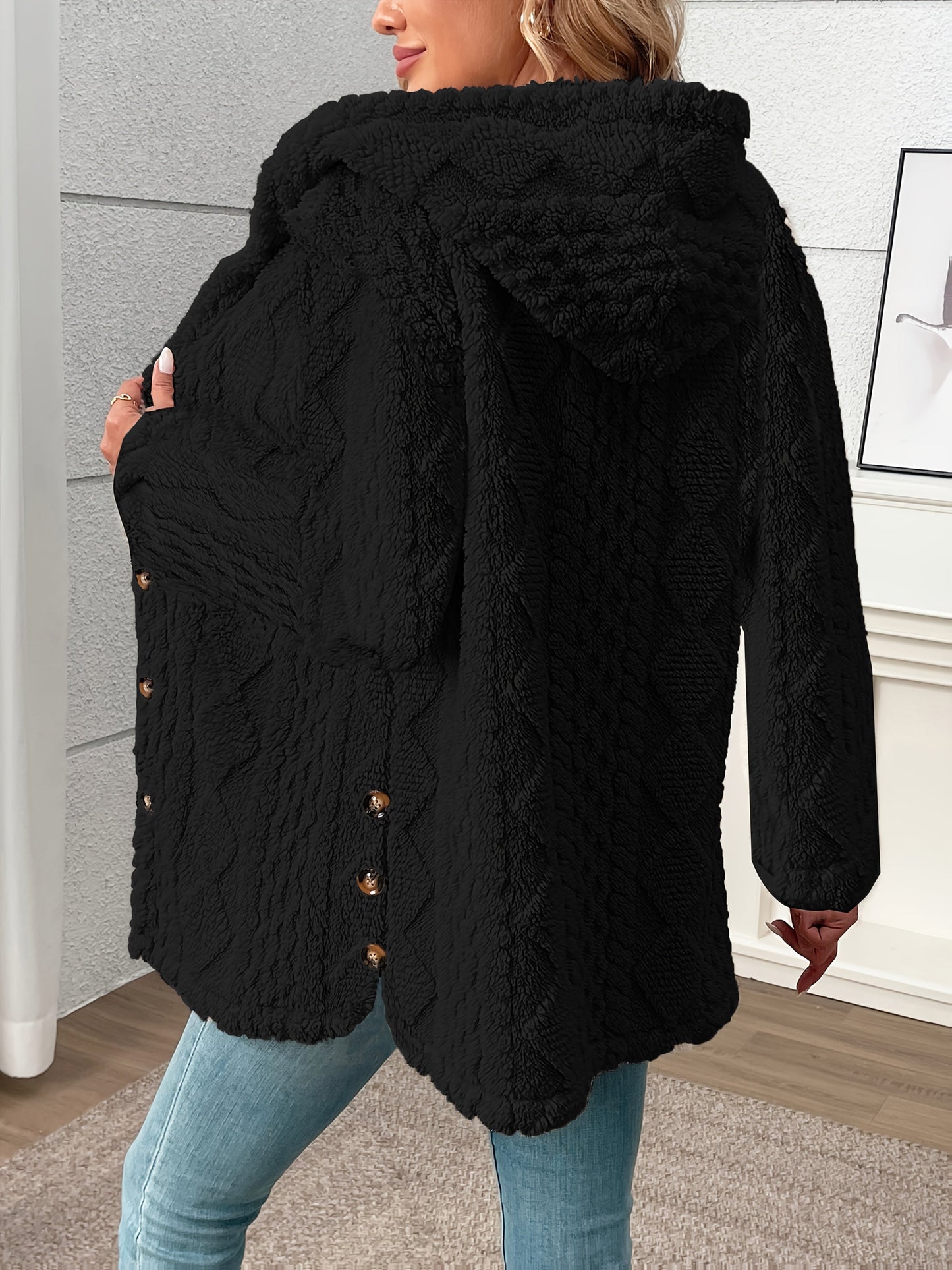 Luxury Plush Hooded Teddy Jacket – All-Season Soft Velvet Coat with Button Front