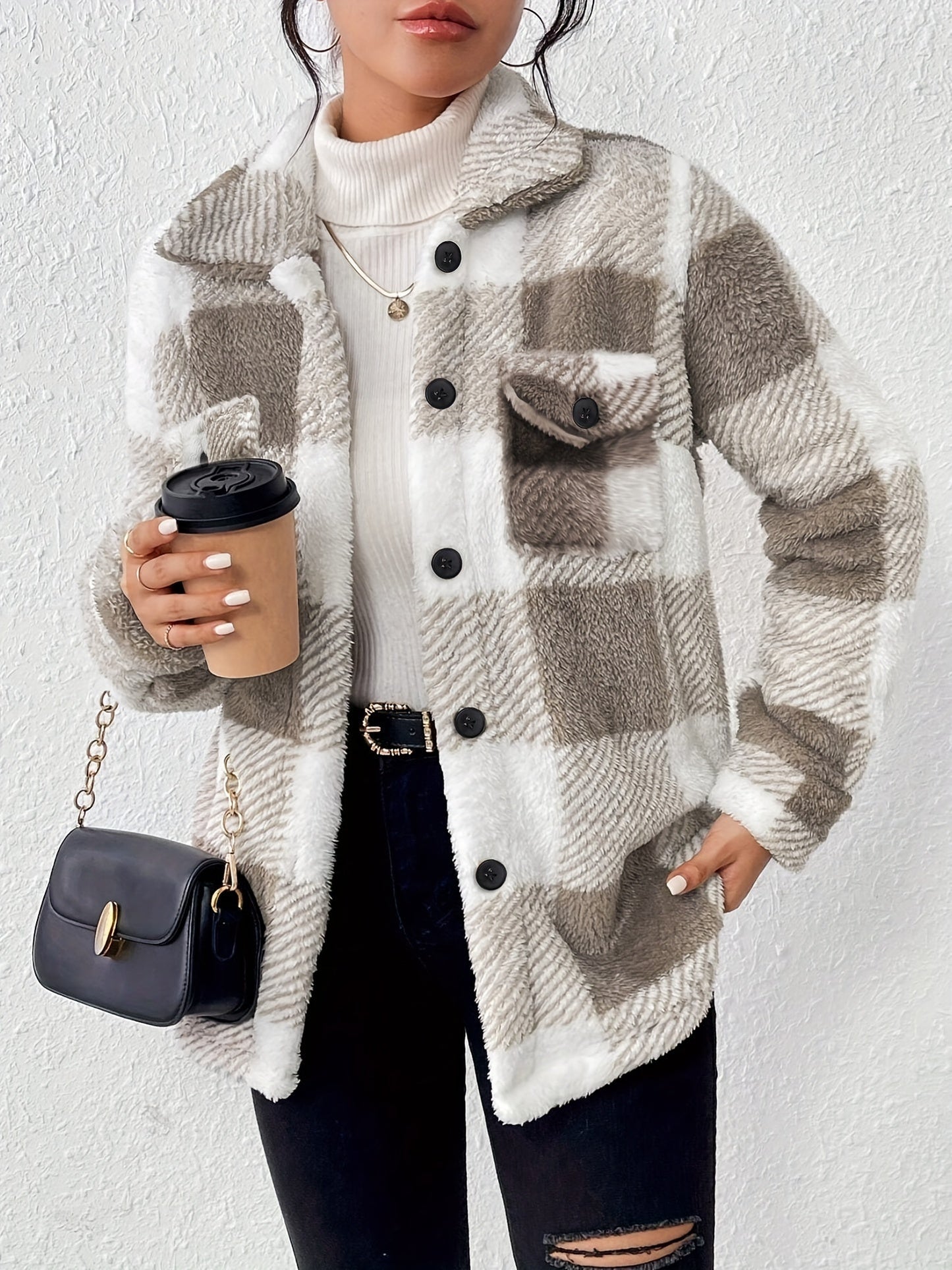 Women’s Elegant Rhombus Hooded Teddy Jacket – All-Season Plush Coat with Button Front & Side Pockets