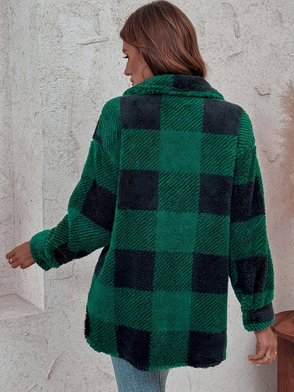 Women’s Elegant Rhombus Hooded Teddy Jacket – All-Season Plush Coat with Button Front & Side Pockets