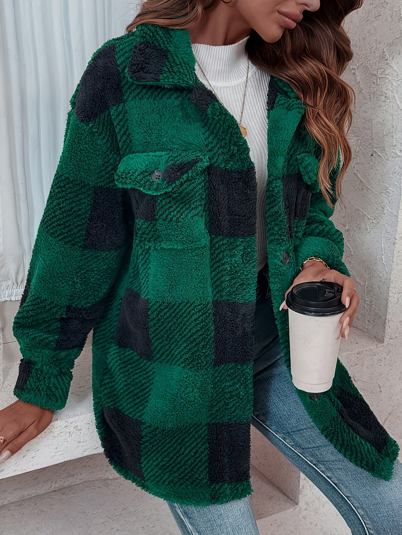 Women’s Elegant Rhombus Hooded Teddy Jacket – All-Season Plush Coat with Button Front & Side Pockets