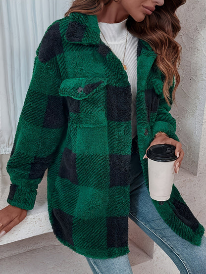 Women’s Elegant Rhombus Hooded Teddy Jacket – All-Season Plush Coat with Button Front & Side Pockets