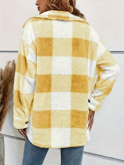 Women’s Elegant Rhombus Hooded Teddy Jacket – All-Season Plush Coat with Button Front & Side Pockets