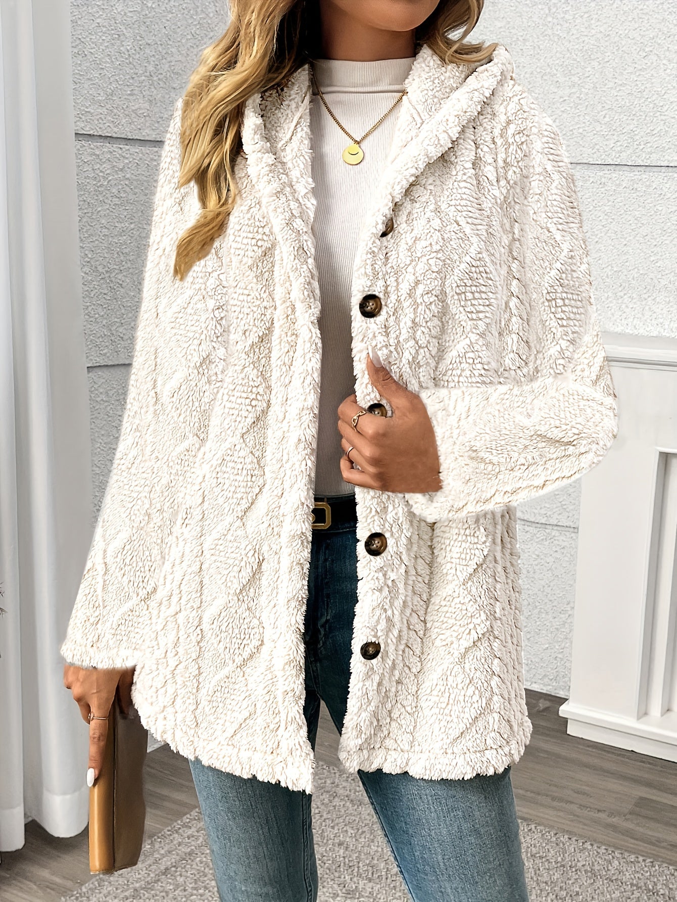 Luxury Plush Hooded Teddy Jacket – All-Season Soft Velvet Coat with Button Front