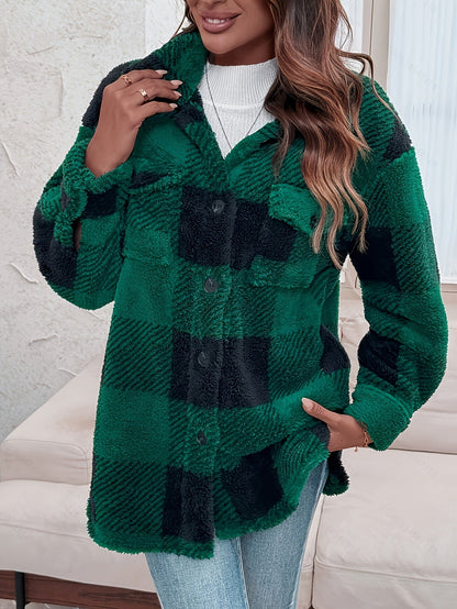 Women’s Elegant Rhombus Hooded Teddy Jacket – All-Season Plush Coat with Button Front & Side Pockets