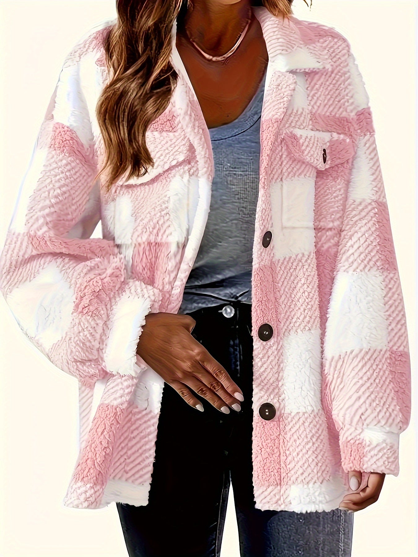 Women’s Elegant Rhombus Hooded Teddy Jacket – All-Season Plush Coat with Button Front & Side Pockets
