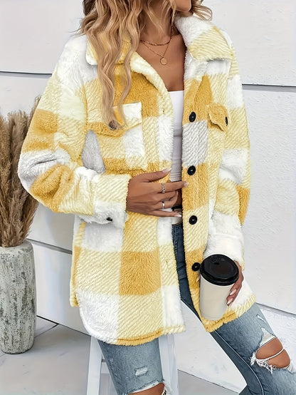 Women’s Elegant Rhombus Hooded Teddy Jacket – All-Season Plush Coat with Button Front & Side Pockets