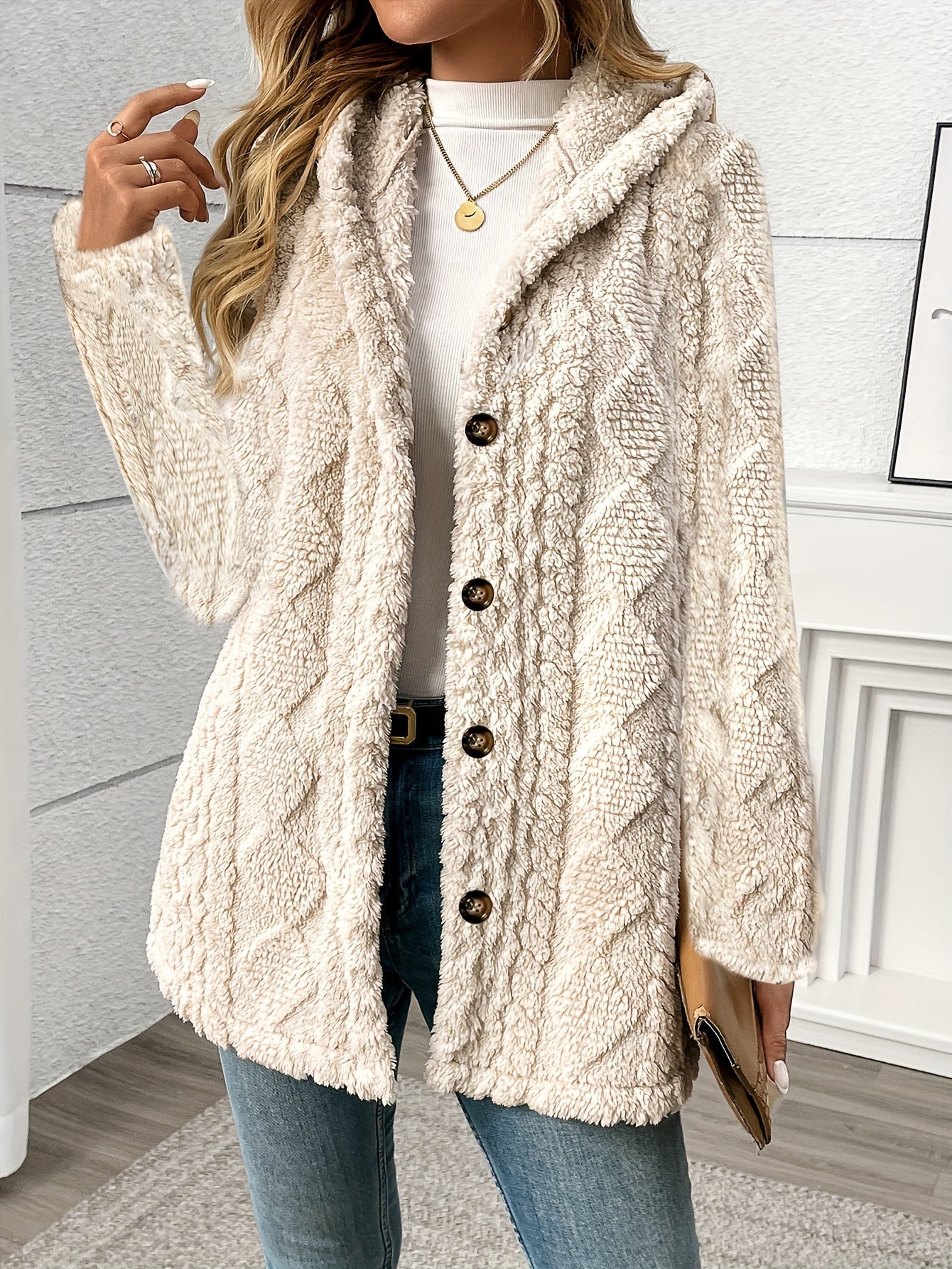 Luxury Plush Hooded Teddy Jacket – All-Season Soft Velvet Coat with Button Front