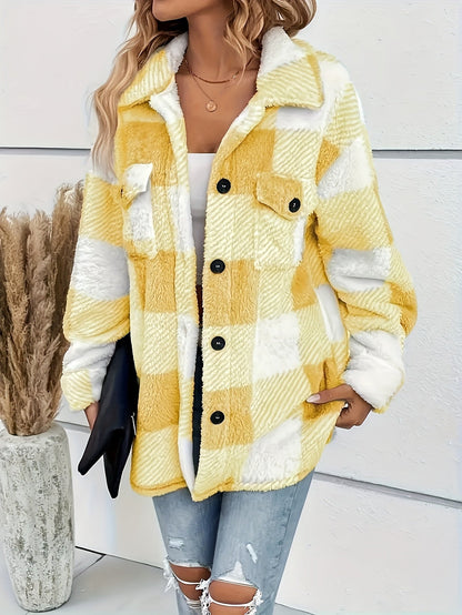 Women’s Elegant Rhombus Hooded Teddy Jacket – All-Season Plush Coat with Button Front & Side Pockets