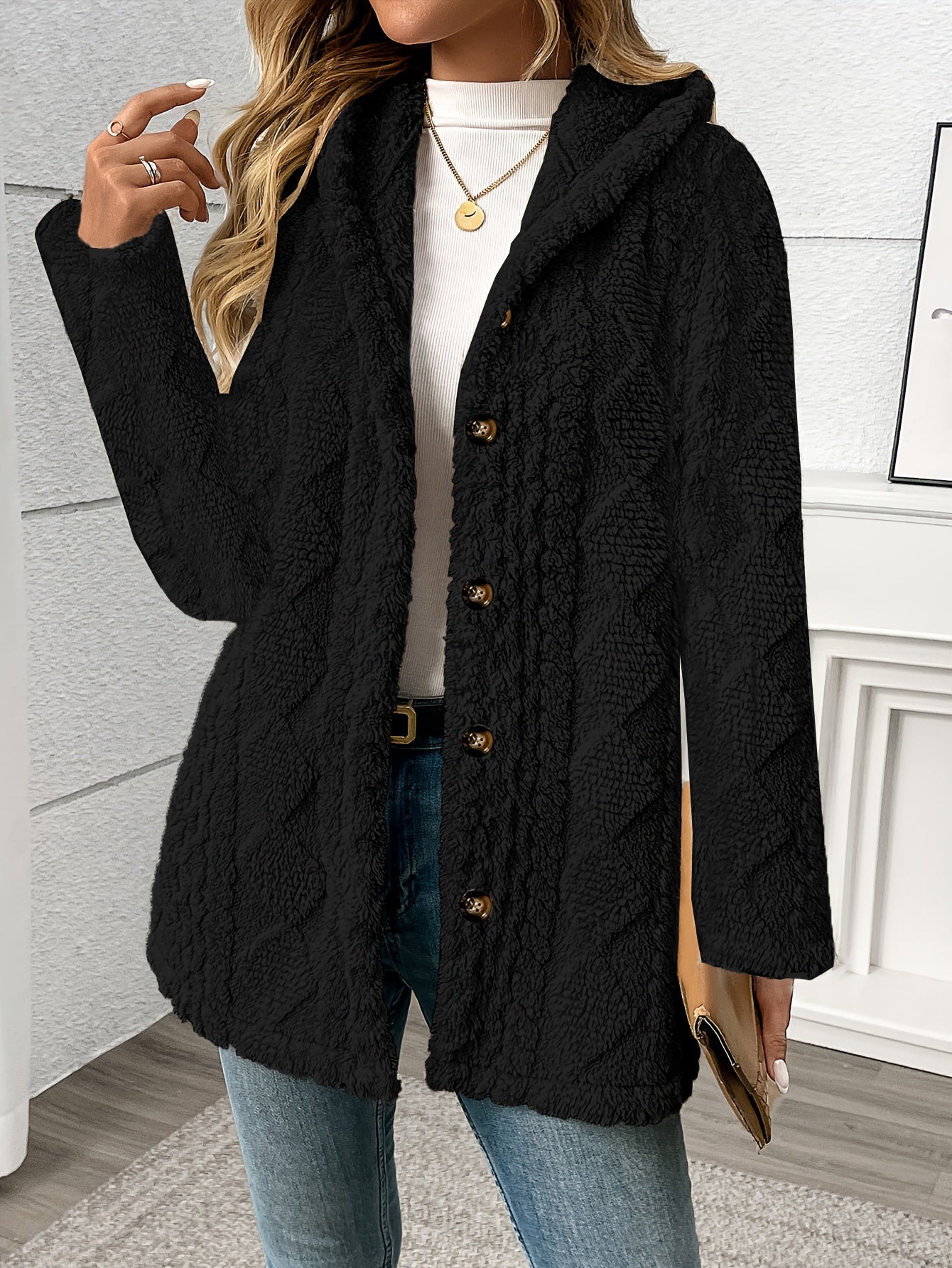 Luxury Plush Hooded Teddy Jacket – All-Season Soft Velvet Coat with Button Front