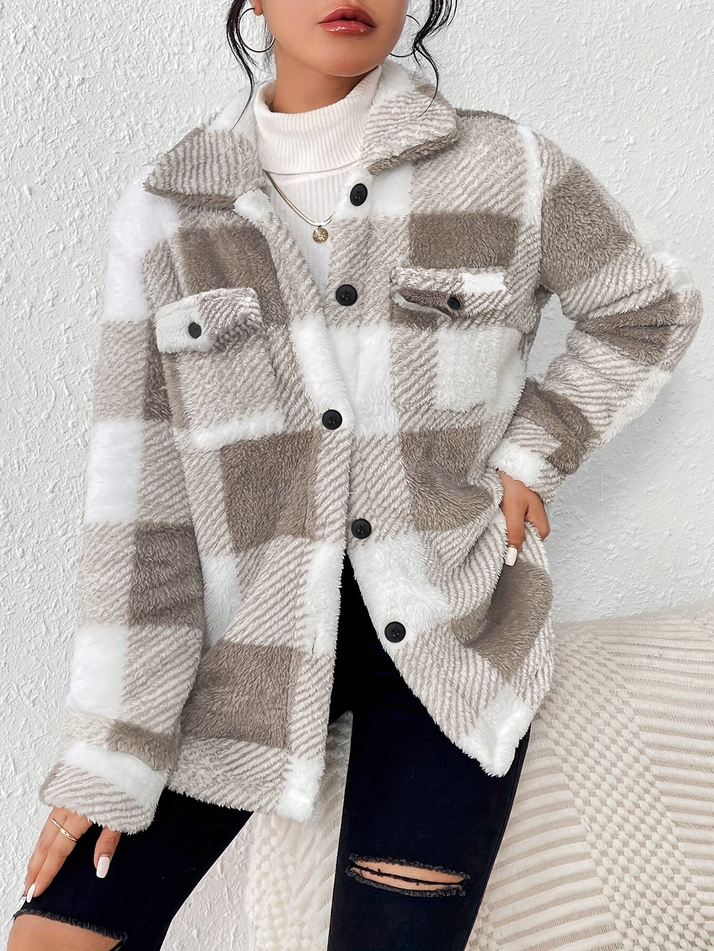 Women’s Elegant Rhombus Hooded Teddy Jacket – All-Season Plush Coat with Button Front & Side Pockets
