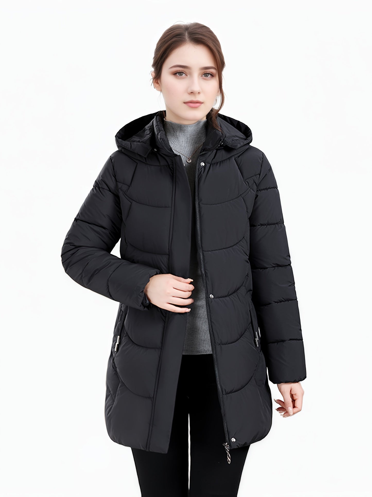 Women’s Long Hooded Winter Jacket – Lightweight, Warm, Gold Zipper, Travel-Friendly