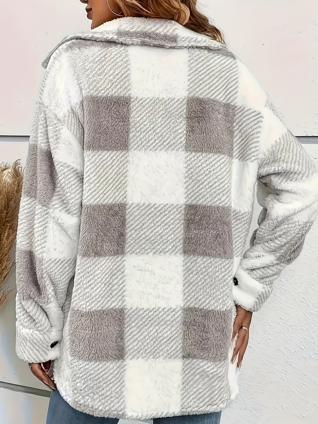 Women’s Elegant Rhombus Hooded Teddy Jacket – All-Season Plush Coat with Button Front & Side Pockets