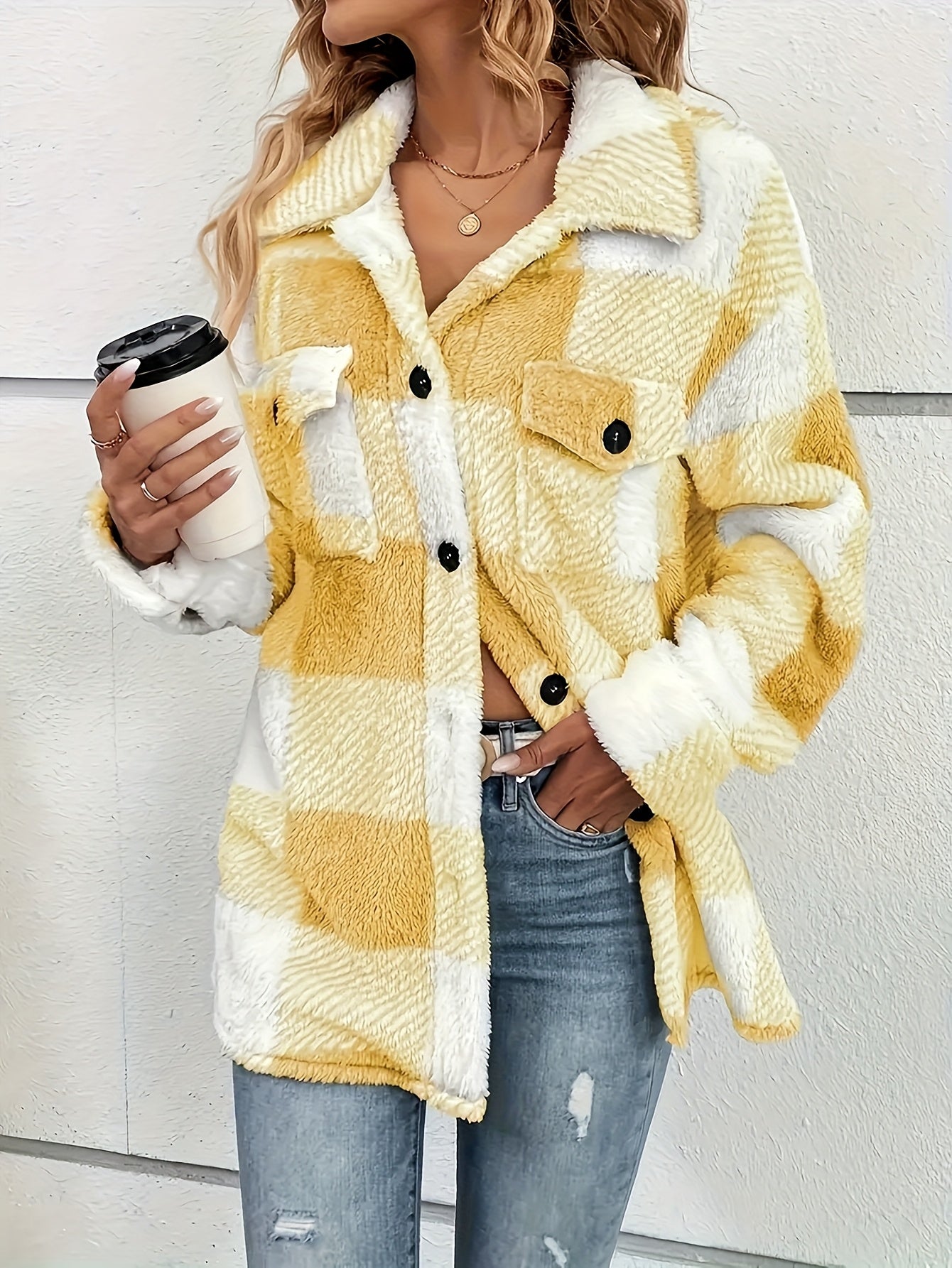 Women’s Elegant Rhombus Hooded Teddy Jacket – All-Season Plush Coat with Button Front & Side Pockets
