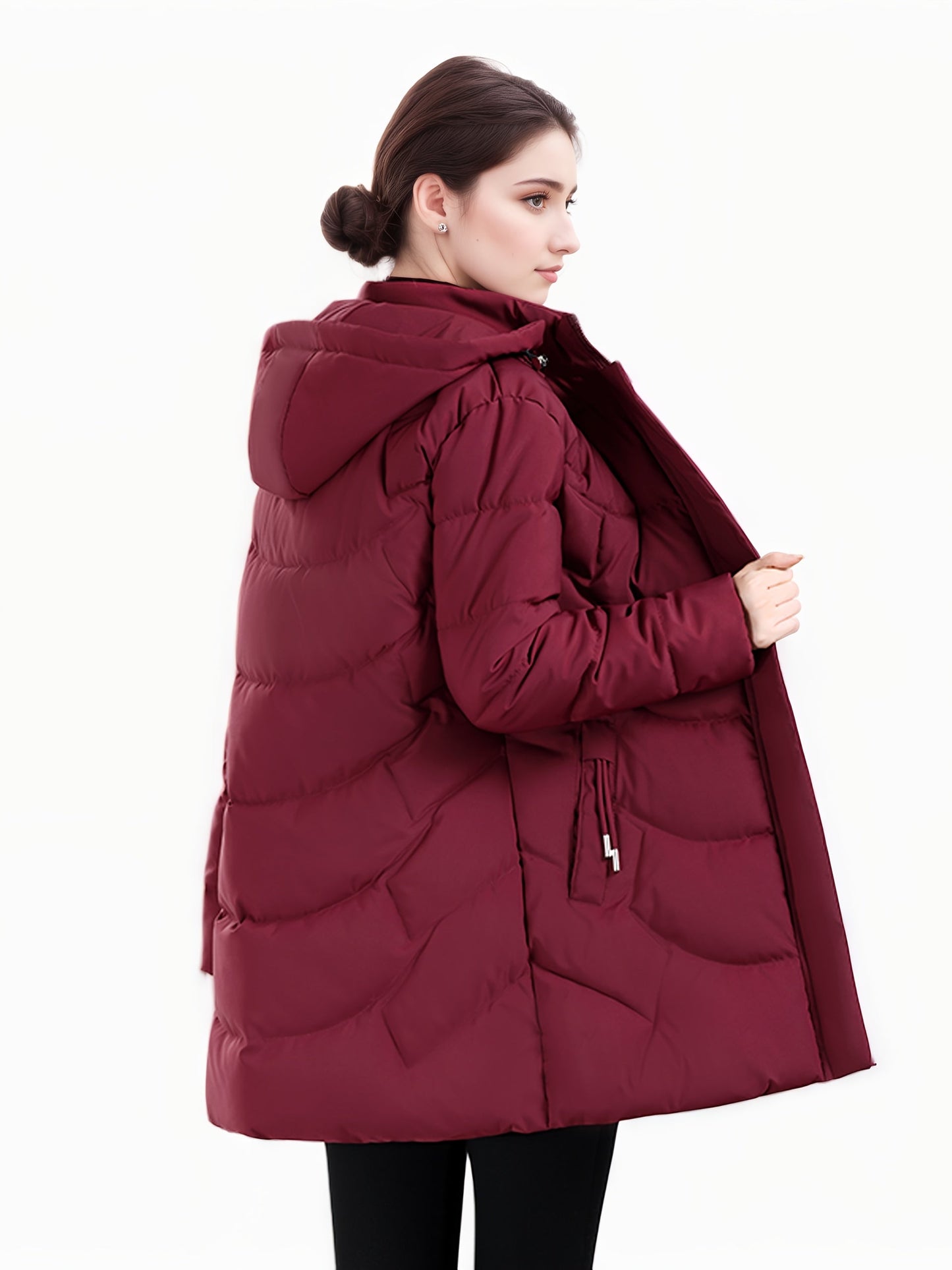 Women’s Long Hooded Winter Jacket – Lightweight, Warm, Gold Zipper, Travel-Friendly