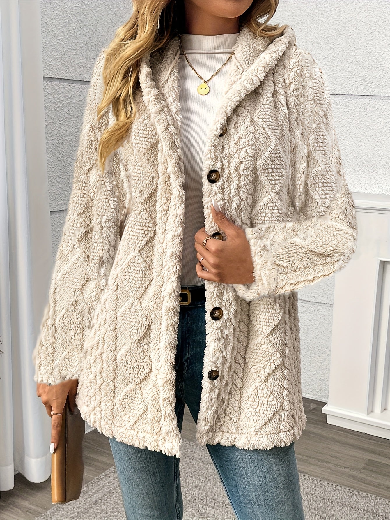 Luxury Plush Hooded Teddy Jacket – All-Season Soft Velvet Coat with Button Front