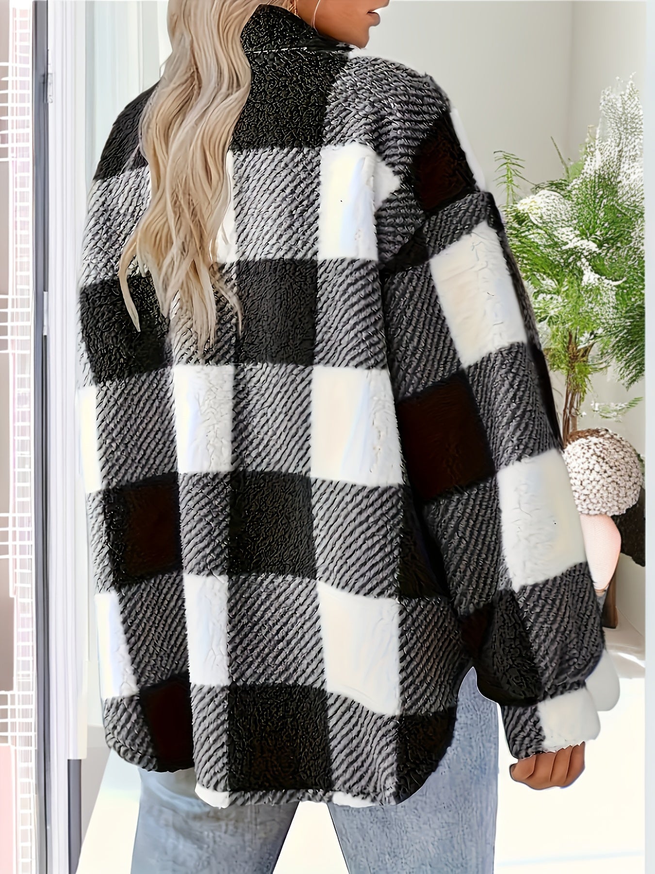 Women’s Elegant Rhombus Hooded Teddy Jacket – All-Season Plush Coat with Button Front & Side Pockets