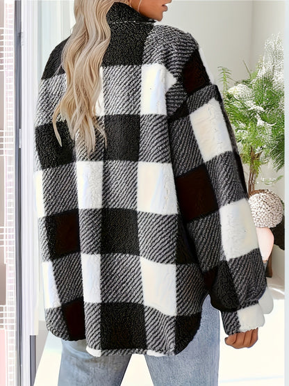 Women’s Elegant Rhombus Hooded Teddy Jacket – All-Season Plush Coat with Button Front & Side Pockets