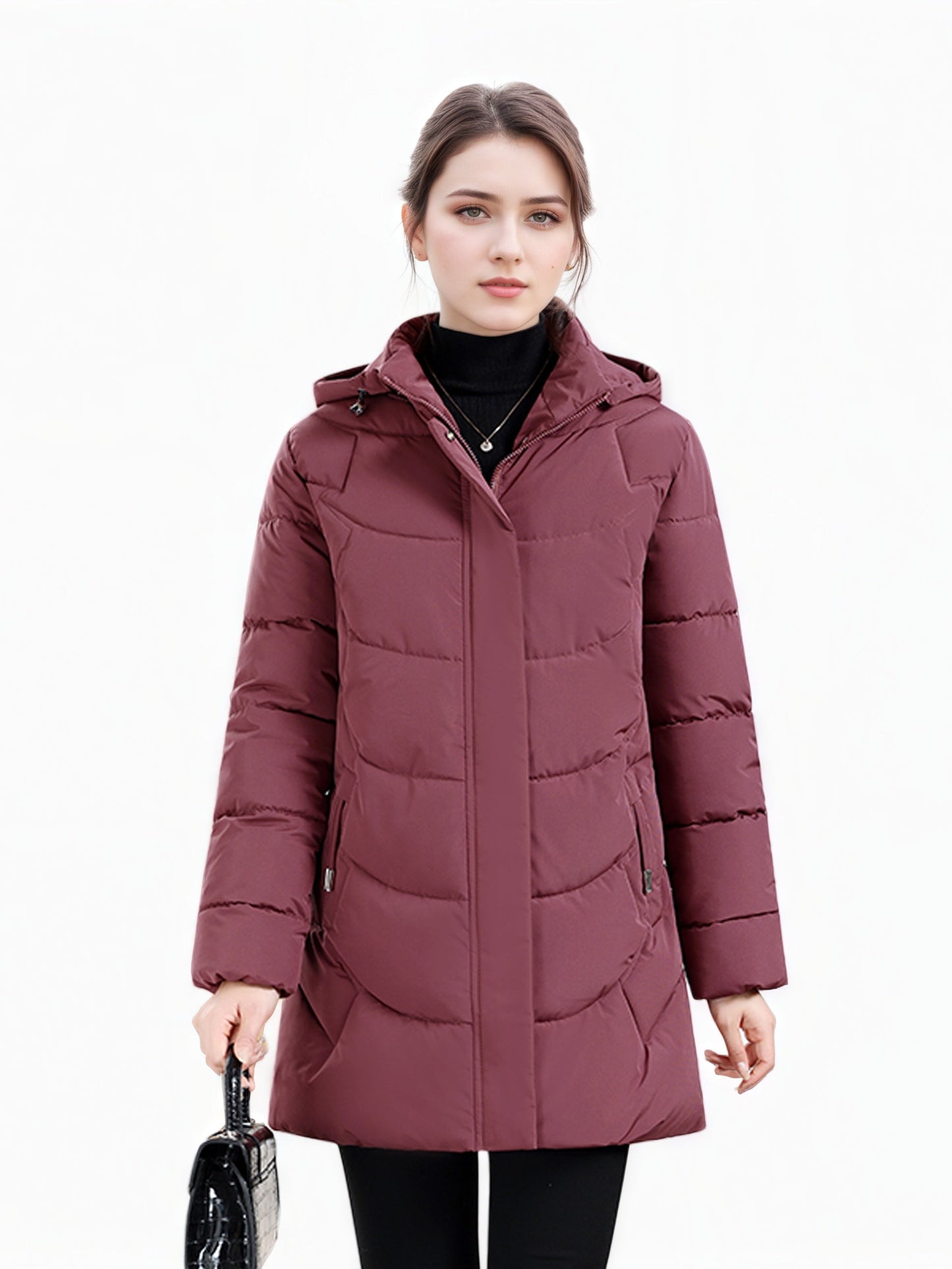 Women’s Long Hooded Winter Jacket – Lightweight, Warm, Gold Zipper, Travel-Friendly