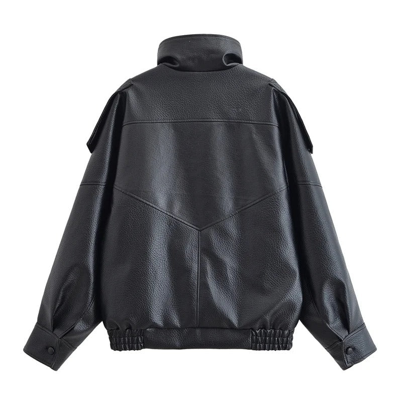 Vortex™ High-Collar Oversized Faux Leather Moto Jacket