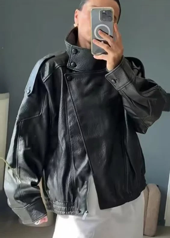 Vortex™ High-Collar Oversized Faux Leather Moto Jacket